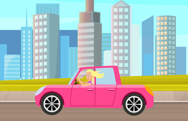 Modern car parking along town street in cartoon style. Vehicles car on city street. Auto on road with trees. Beautiful automobile in nature park. Travel by car. Drive transport. Automotive concept