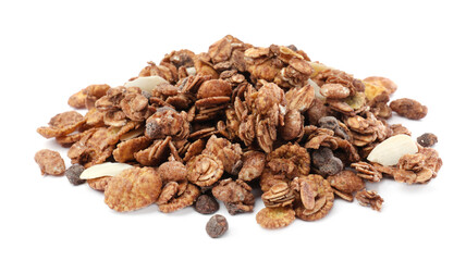 Pile of granola on white background. Healthy snack