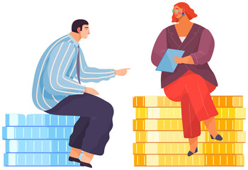 Businesspeople sitting on pile of gold coins. Metaphor for growth and making money. Rich characters enjoying success on top of pile of dollar pennies. People communicate about money and income