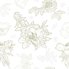 Fototapeta na wymiar Golden Peonies - seamless vintage vector pattern. Hand-drawn style. Bouquets of peonies and leaves. Maybe use for wallpaper, textile or card, wedding design.