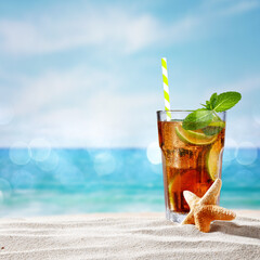 Summer drink on beach and free space for your decoration 