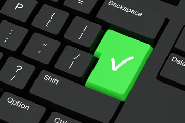 Green tick button on a black keyboard. Normal PC keys with additional green check mark button. 3d render illustration