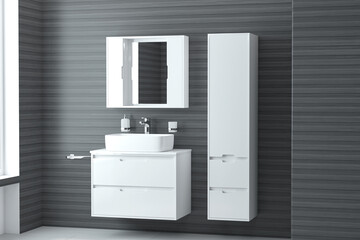 Bathroom interior. Modern white design of bathroom with grey walls. 3d render illustration