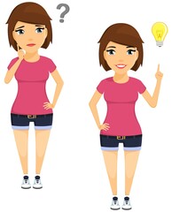The concept of problem solving. The girl thinks about the problem and finds a solution. A question mark and a light bulb. In a flat style on a white background. Cartoon