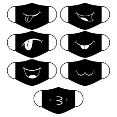 Set of designs of reusable mouth funny masks with smile on faces in vector. Black face protection masks with simple prints. Isolated illustrations. 