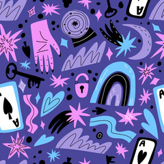 Esoteric, mysterious seamless pattern. Future telling, palm reading, falling star, fortune, luck symbols, playing cards.