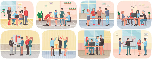 Business characters working in office workplace flat design. Co working people, meeting teamwork, collaboration and discussion, brainstorm. Pertnership, successful transaction, good deal scenes set