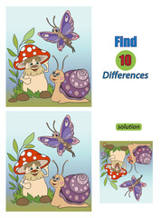 Cartoon illustration of finding differences between pictures educational game for children with  mushroom with eyes and hands, snail, butterfly