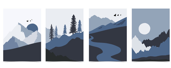 Collectie van natuur landschap achtergrond instellen met berg, zee, zon, maan. Bewerkbare vectorillustratie voor website, uitnodiging, ansichtkaart en poster