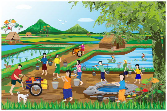 lifestyle of people at countryside  vector design,countryside girl harvest water from pond underground