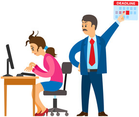 Obraz premium Business lady works at computer in office to finish task before deadline. Boss urges employee to complete assignments at designated time. Working in office and implementation of assign tasks concept