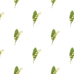 Fototapeta na wymiar Spring nature seamless floral pattern with green and pink lily of the valley ornament. Isolated backdrop.