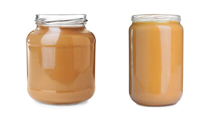 Delicious peanut butter in glass jars on white background, collage. Banner design