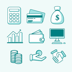 finance icon set with 2 color green and dark green such as calculator, debit card, money pocket, wallet, computer, coin, relevant for work with jobs accounting