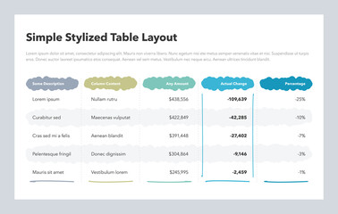 Simple stylized table layout with colorful columns. Flat design, easy to use for your website or presentation.