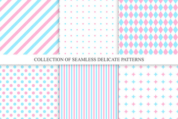 Collection of vector trendy seamless patterns - delicate design. Colorful repeatable fashion backgrounds