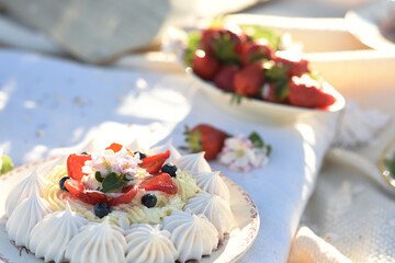 Cute picnic in the spring garden. delicate dessert with meringue and cream and strawberries 
