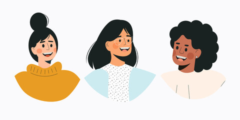 Portrait of diverse women with dental braces. Girls with braces on teeth. Multicultural young female character with dental treatment. Smiling person in flat cartoon style isolated vector illustration