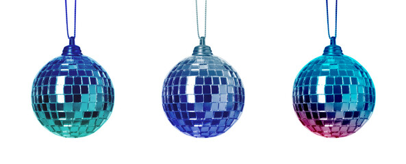 Set with colorful shiny disco balls on white background. Banner design