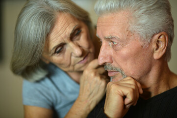 Portrait of sad senior couple posing at home