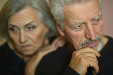 Portrait of sad senior couple posing at home