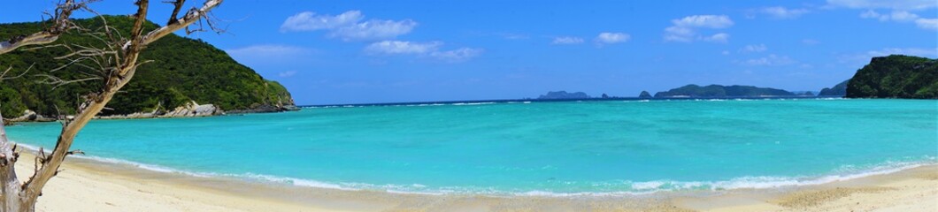 Fototapeta na wymiar Beautiful tropical island. Calm waves on the blue water. Ino Beach in Zamami island, Okinawa, Japan - 日本 沖縄 座間味島 イノーの浜 