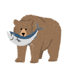 ヒグマ　鮭　動物　北海道　 手描き　クレパス　イラスト 
