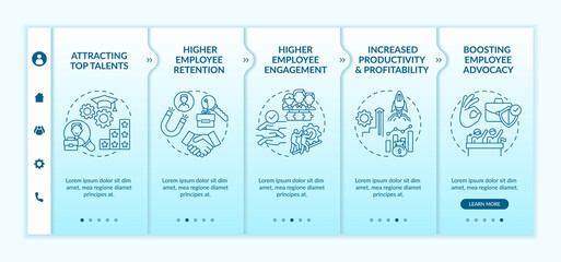 Organizational culture benefits onboarding vector template. Responsive mobile website with icons. Web page walkthrough 5 step screens. Talent, employee advocacy color concept with linear illustrations