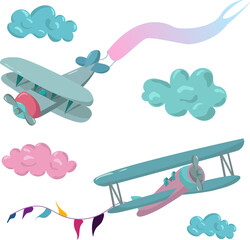 Collection with colorful air planes and clouds. Set with fly transport. Vector illustration on white background.