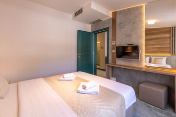 Interior of a hotel bedroom in luxury hotel
