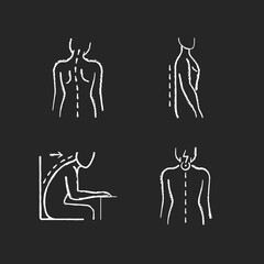 Bad posture problems chalk white icons set on black background. Head tilt. Flatback syndrome. Spinal abnormalities. Neck pain. Losing normal curvature. Isolated vector chalkboard illustrations