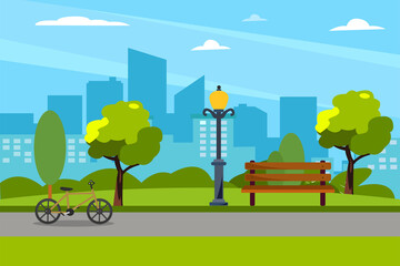 Public park in the city with bench, trees and streetlight. Big city on background. Summer background. landing page website illustration flat vector template.