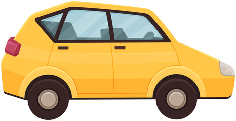 Yellow car without driver. Hatchback, smart, passenger car. Automobile with clear glass for trips. Transport with four doors for driving along city roads. Yellow vehicle, hatchback on white background