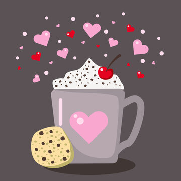 illustration with a cup of coffee, cookies and hearts on a dark background