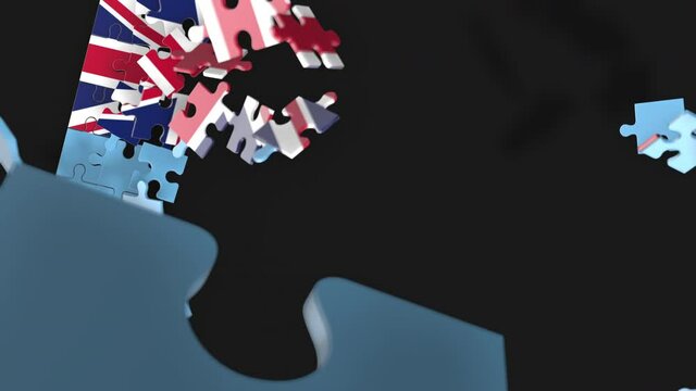 Animation of jigsaw puzzle assemble. Problem solving and completing concept. Fiji national flag integration. Symbol of association and connection. Isolated on dark background.