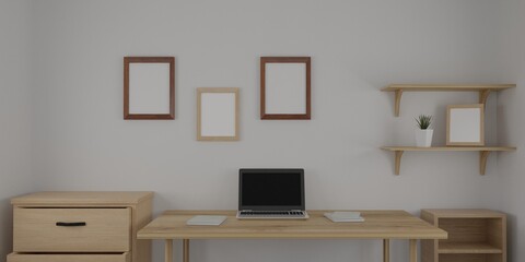 3d render interior room. minimal style design. working desk. home interior design. template for website, wallpaper, and mockup.
