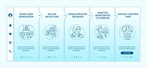 Self-control boosting tips onboarding vector template. Responsive mobile website with icons. Web page walkthrough 5 step screens. Personal growth color concept with linear illustrations