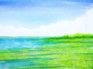 Fototapeta na wymiar watercolor landscape summer lake mountain and green field with blue sky.hand drawn on paper. 