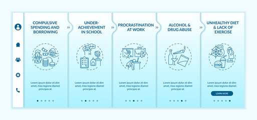 Major self-control problems onboarding vector template. Responsive mobile website with icons. Web page walkthrough 5 step screens. Mental health issues color concept with linear illustrations