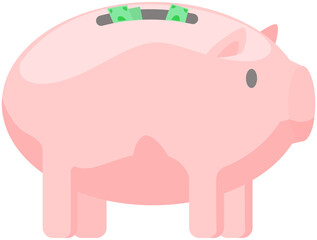 Pig shaped money storage container. Storage device for coins and dollar bills. Piggy bank for money isolated on white background. Piggy bank with sticking out banknotes. Wealth accumulation container