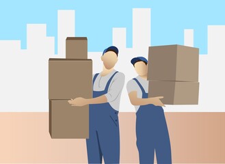 Vector illustration of couriers delivering parcels to customers.