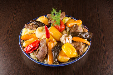 stewed vegetables with meat, asian cuisine, restaurant