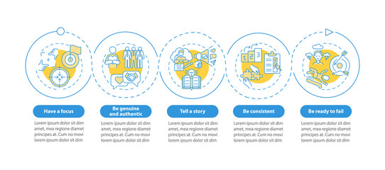 Personal branding rules vector infographic template. Social media business presentation design elements. Data visualization with 5 steps. Process timeline chart. Workflow layout with linear icons