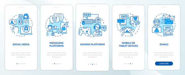 Cyberhumiliation channels onboarding mobile app page screen with concepts. Messaging platforms walkthrough 5 steps graphic instructions. UI, UX, GUI vector template with linear color illustrations