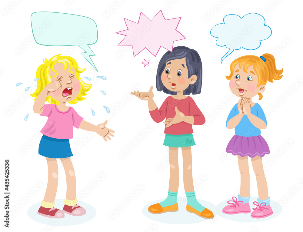 Sticker Two confused girls try to calm their crying girlfriend. Dialog with speech bubbles. Place for text. In cartoon style. Isolated on white background. Vector flat illustration.