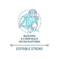 Blocking cyber bully on SM platform concept icon. Reporting cyberbullying idea thin line illustration. Cyberstalkers actions restriction. Vector isolated outline RGB color drawing. Editable stroke