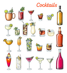 Alcoholic cocktails hand drawn vector illustration. Colorful set. Cognac, brandy, vodka, tequila, whiskey, champagne, wine, margarita cocktails. Bottle and glass. - obrazy, fototapety, plakaty