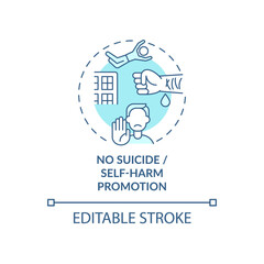 No suicide and self-harm promotion concept icon. Social media safety idea thin line illustration. Filtering potentially harmful information. Vector isolated outline RGB color drawing. Editable stroke