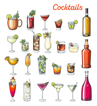 Alcoholic cocktails hand drawn vector illustration. Colorful set. Cognac, brandy, vodka, tequila, whiskey, champagne, wine, margarita cocktails. Bottle and glass.