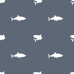 White silhouette sharks seamless pattern on blue background. Simple monochrome endless vector cute illustration